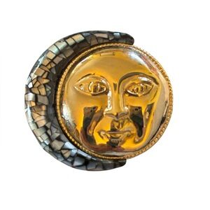 Liz Claiborne Vintage Moon Face Abalone Chip Crescent Brooch Gold tone